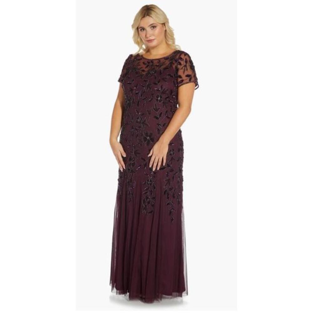Adrianna Papell Beaded Floral Godet Gown Purple Cap Sleeve Modest Plus sz 14W